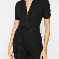 Woman Jumpsuits Chequerboard Knitted Playsuit - Black