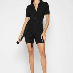 Woman Jumpsuits Chequerboard Knitted Playsuit - Black