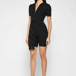 Woman Jumpsuits Chequerboard Knitted Playsuit - Black