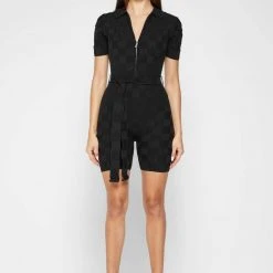 Woman Jumpsuits Chequerboard Knitted Playsuit - Black
