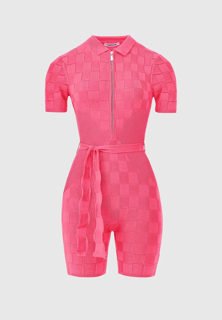 Woman Jumpsuits Chequerboard Knitted Playsuit - Pink