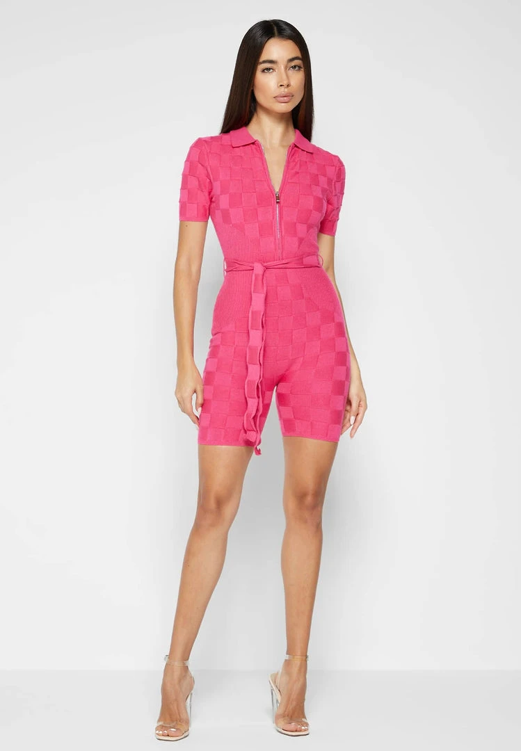 Woman Jumpsuits Chequerboard Knitted Playsuit - Pink