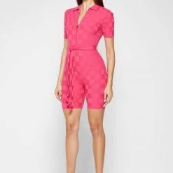 Woman Jumpsuits Chequerboard Knitted Playsuit - Pink