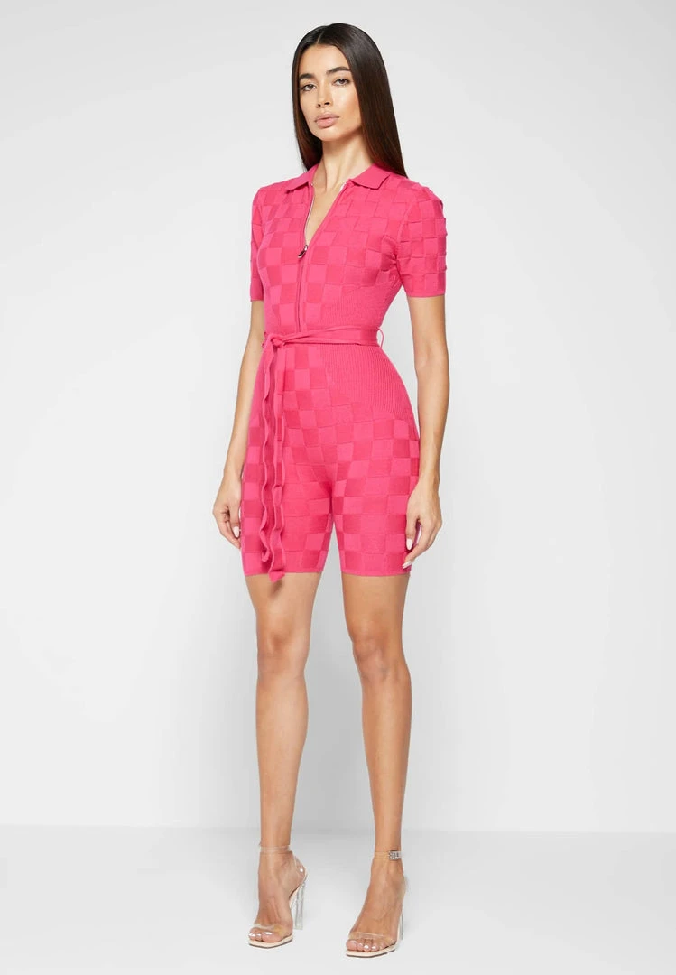 Woman Jumpsuits Chequerboard Knitted Playsuit - Pink