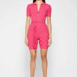 Woman Jumpsuits Chequerboard Knitted Playsuit - Pink