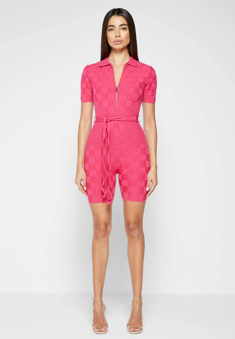 Woman Jumpsuits Chequerboard Knitted Playsuit - Pink
