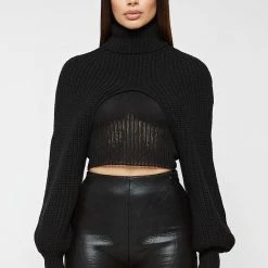 Woman Accessories Chunky Knit Turtleneck Arm Warmer - Black KNITWEAR