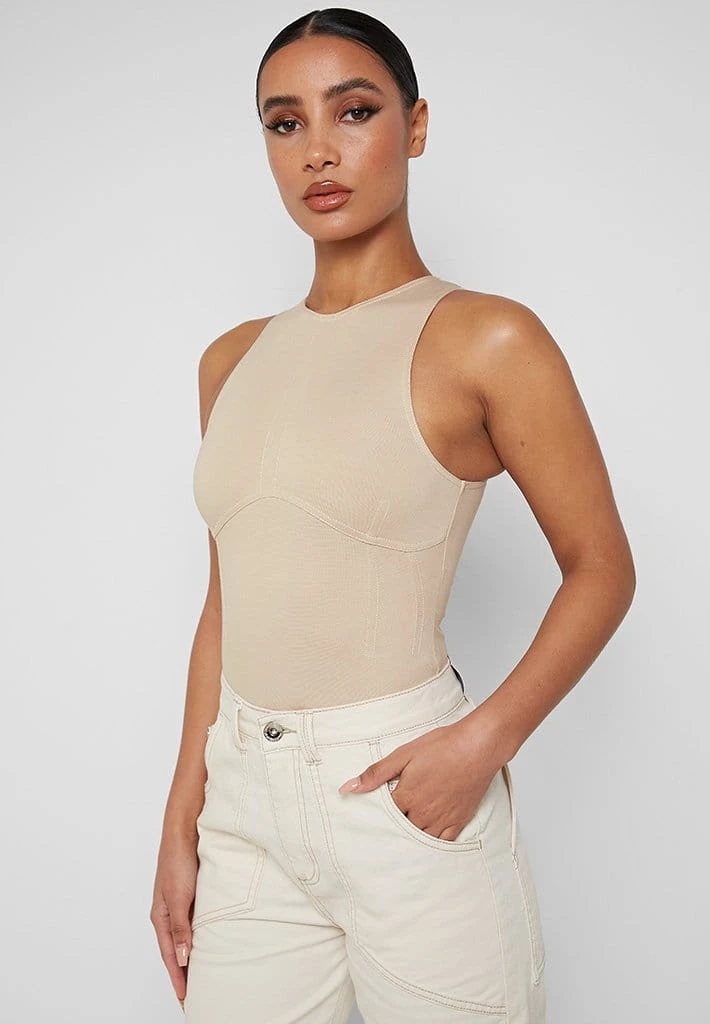 Woman Tops BODYSUITS Contrast Stitch Racer Bodysuit - Beige