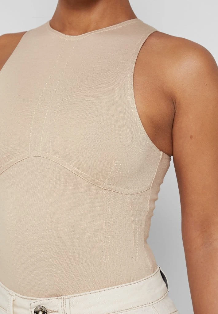 Woman Tops BODYSUITS Contrast Stitch Racer Bodysuit - Beige