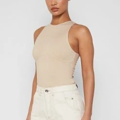 Woman Tops BODYSUITS Contrast Stitch Racer Bodysuit - Beige