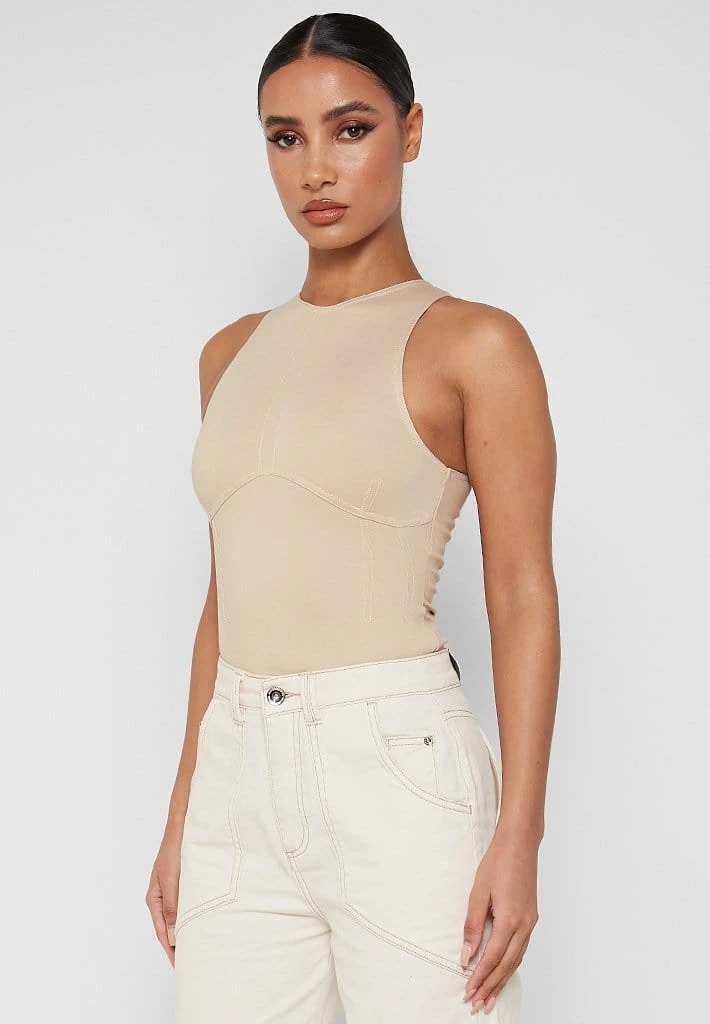 Woman Tops BODYSUITS Contrast Stitch Racer Bodysuit - Beige