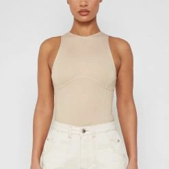Woman Tops BODYSUITS Contrast Stitch Racer Bodysuit - Beige