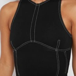 Woman Tops Contrast Stitch Racer Bodysuit - Black BODYSUITS