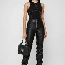 Woman Tops Contrast Stitch Racer Bodysuit - Black BODYSUITS