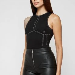 Woman Tops Contrast Stitch Racer Bodysuit - Black BODYSUITS