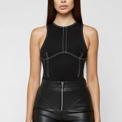 Woman Tops Contrast Stitch Racer Bodysuit - Black BODYSUITS