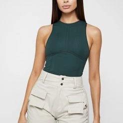 Woman Tops Contrast Stitch Racer Bodysuit - Forest Green