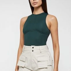 Woman Tops Contrast Stitch Racer Bodysuit - Forest Green