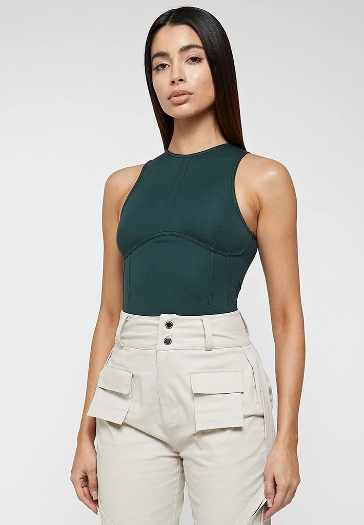 Woman Tops Contrast Stitch Racer Bodysuit - Forest Green