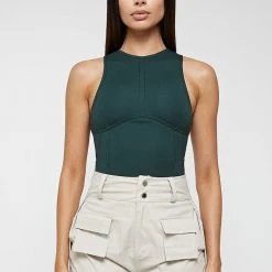 Woman Tops Contrast Stitch Racer Bodysuit - Forest Green