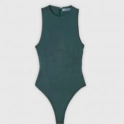 Woman Tops Contrast Stitch Racer Bodysuit - Forest Green