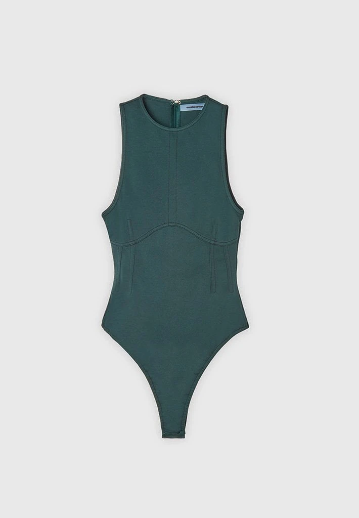 Woman Tops Contrast Stitch Racer Bodysuit - Forest Green