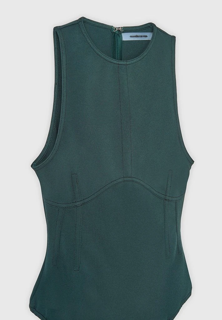 Woman Tops Contrast Stitch Racer Bodysuit - Forest Green