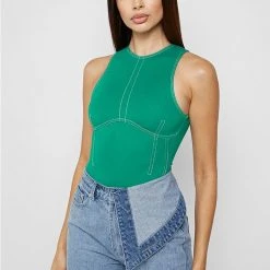 Woman Tops BODYSUITS Contrast Stitch Racer Bodysuit - Green