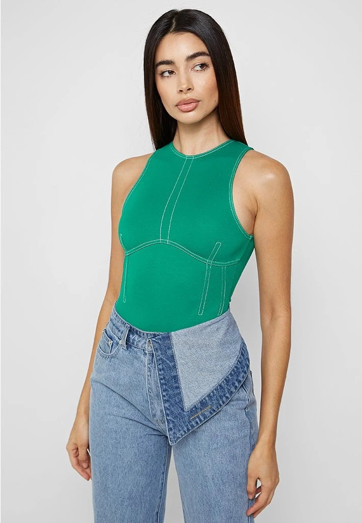 Woman Tops BODYSUITS Contrast Stitch Racer Bodysuit - Green