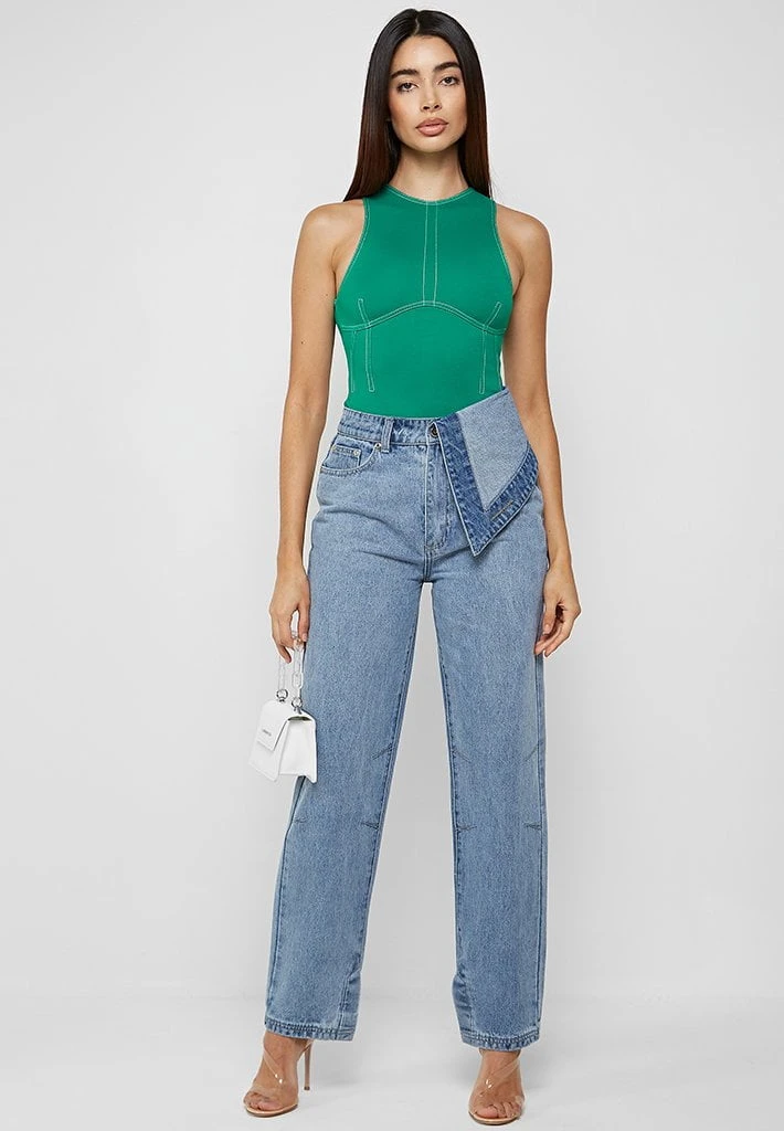 Woman Tops BODYSUITS Contrast Stitch Racer Bodysuit - Green