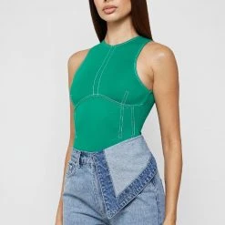 Woman Tops BODYSUITS Contrast Stitch Racer Bodysuit - Green