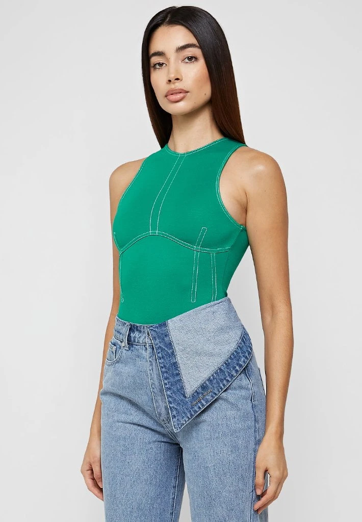 Woman Tops BODYSUITS Contrast Stitch Racer Bodysuit - Green