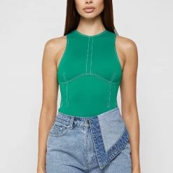 Woman Tops BODYSUITS Contrast Stitch Racer Bodysuit - Green