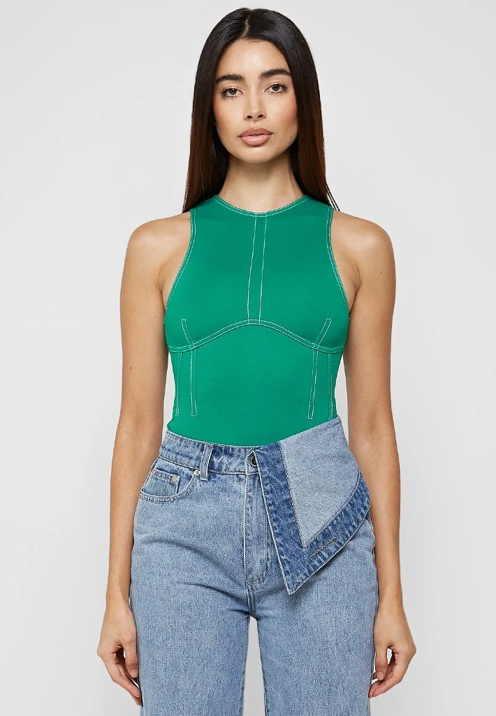 Woman Tops BODYSUITS Contrast Stitch Racer Bodysuit - Green