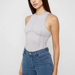 Woman Tops Contrast Stitch Racer Bodysuit - Grey