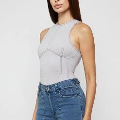 Woman Tops Contrast Stitch Racer Bodysuit - Grey