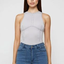 Woman Tops Contrast Stitch Racer Bodysuit - Grey