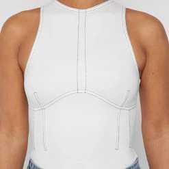 Woman Tops BODYSUITS Contrast Stitch Racer Bodysuit - White