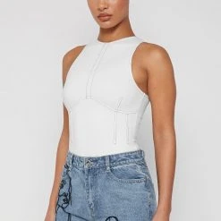 Woman Tops BODYSUITS Contrast Stitch Racer Bodysuit - White