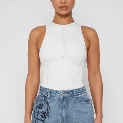 Woman Tops BODYSUITS Contrast Stitch Racer Bodysuit - White
