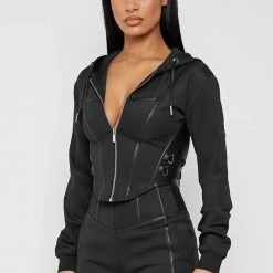 Woman Tracksuits Corset Hoodie - Black