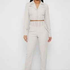 Woman Trousers Corset Waist Tailored Trousers - Stone