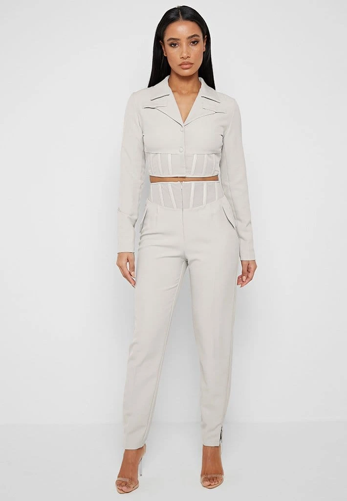 Woman Trousers Corset Waist Tailored Trousers - Stone