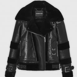 Woman Jackets Cracked Vegan Leather Plush Biker Jacket - Black