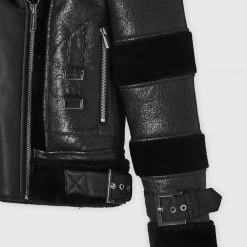 Woman Jackets Cracked Vegan Leather Plush Biker Jacket - Black