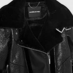 Woman Jackets Cracked Vegan Leather Plush Biker Jacket - Black