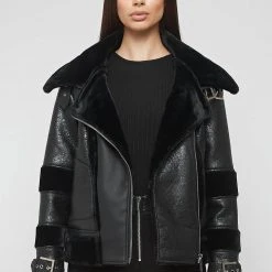 Woman Jackets Cracked Vegan Leather Plush Biker Jacket - Black