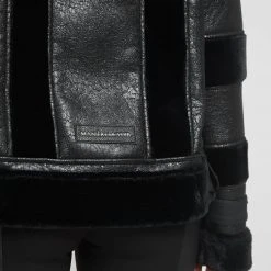 Woman Jackets Cracked Vegan Leather Plush Biker Jacket - Black