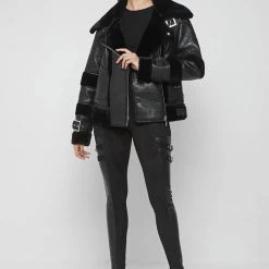 Woman Jackets Cracked Vegan Leather Plush Biker Jacket - Black