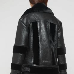 Woman Jackets Cracked Vegan Leather Plush Biker Jacket - Black